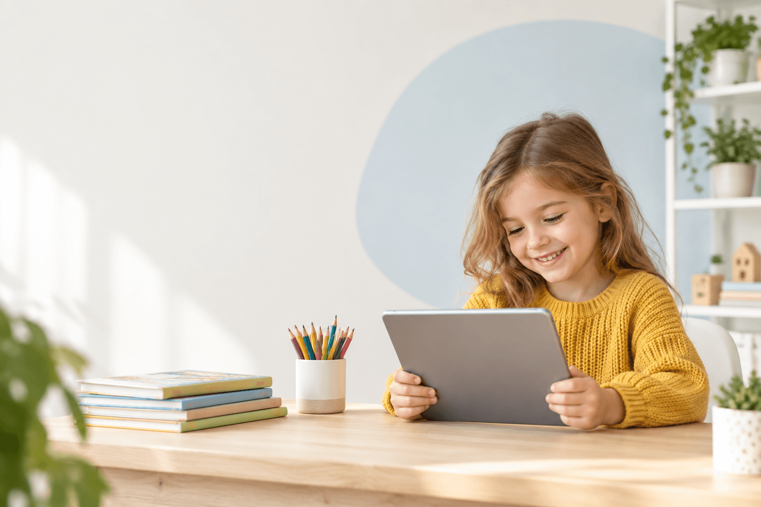 A smiling young girl practising reading on a tablet at her desk at home